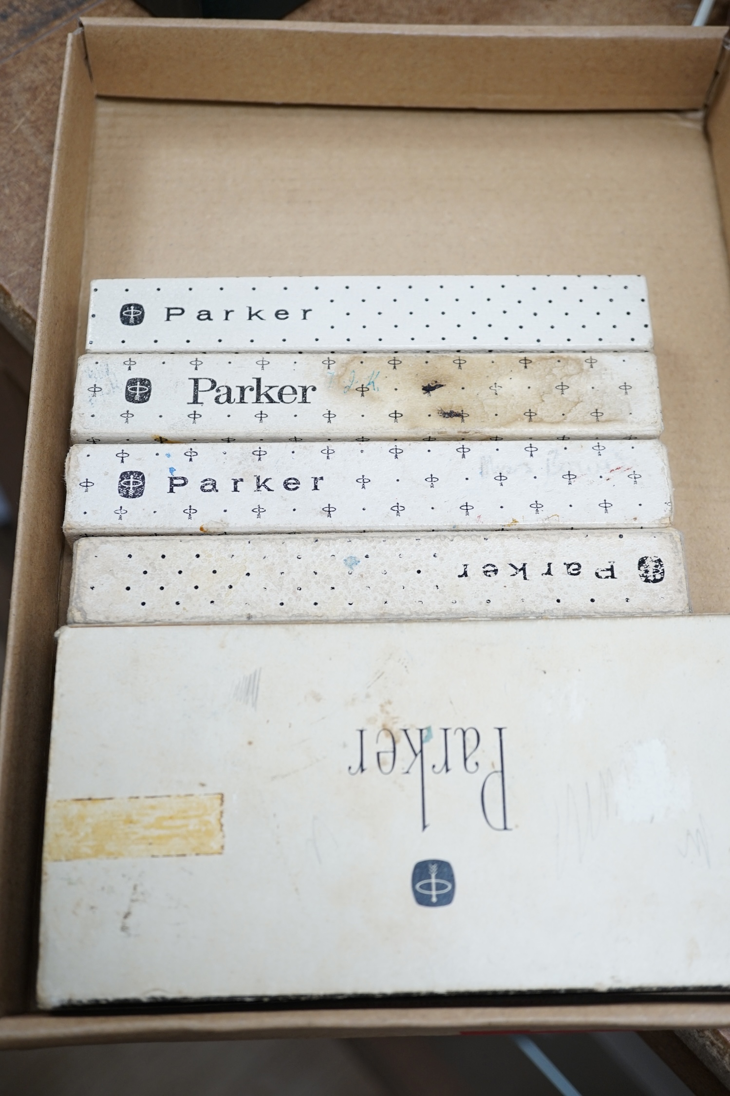 Eight boxed Parker fountain pens and fourteen others unboxed, a lady's Rotary wristwatch and silver pendant. Condition - fair